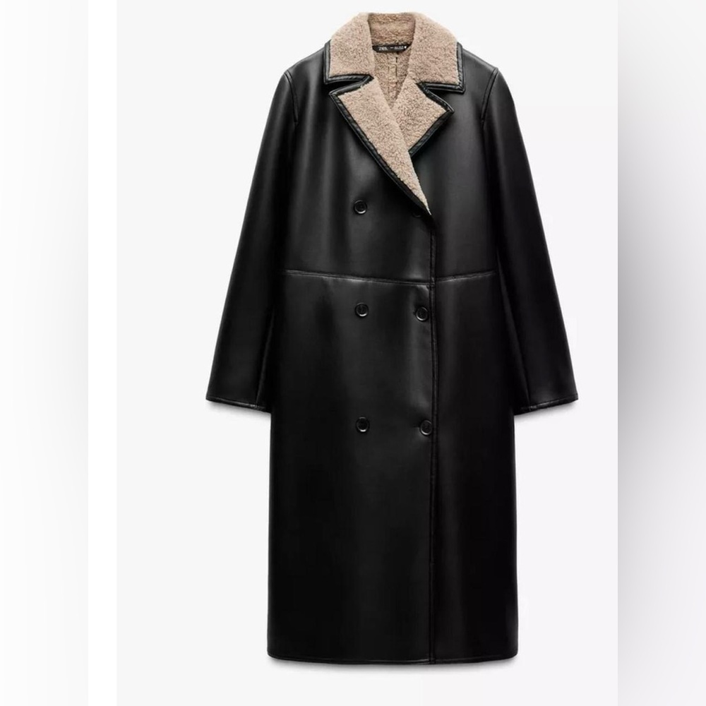 Zara Black Faux Leather Trench Coat with Cream Collar